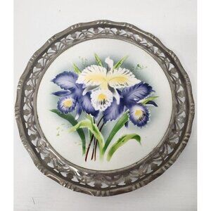 Antique Max Dannhorn Fine Porcelain Serving Tray Metal Ornate Frame Iris Design